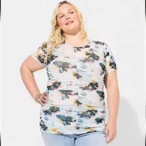 Torrid Watercolor Floral Ruched Stretch Mesh Top | Crewneck Sweetheart Detail